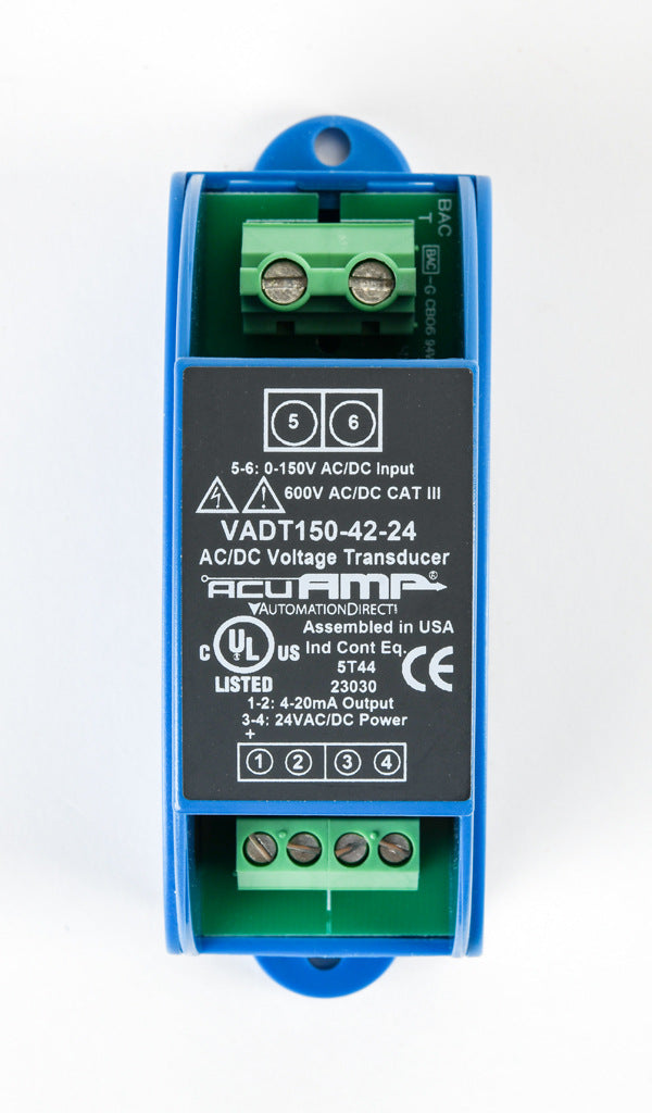 AcuAMP AC/DC voltage transducer, 1-phase, 0-150 VAC/VDC sensing range, True RMS, 4-20 mA output, 24 VAC/VDC operating voltage.-VADT150-42-24