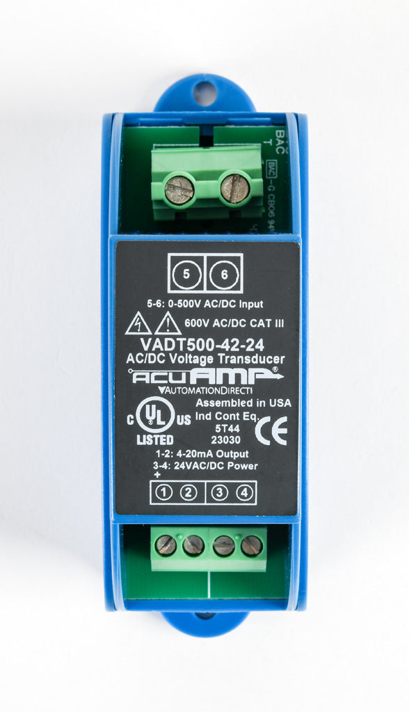 AcuAMP AC/DC voltage transducer, 1-phase, 0-500 VAC/VDC sensing range, True RMS, 4-20 mA output, 24 VAC/VDC operating voltage.-VADT500-42-24