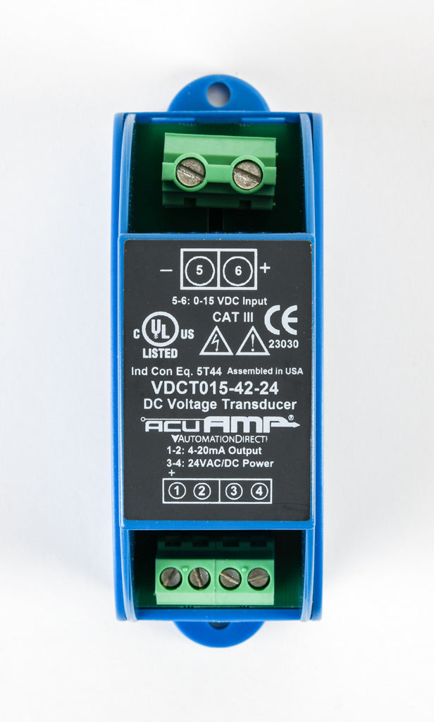 AcuAMP DC voltage transducer, 0-15 VDC sensing range, 4-20 mA output, 24 VAC/VDC operating voltage.-VDCT015-42-24