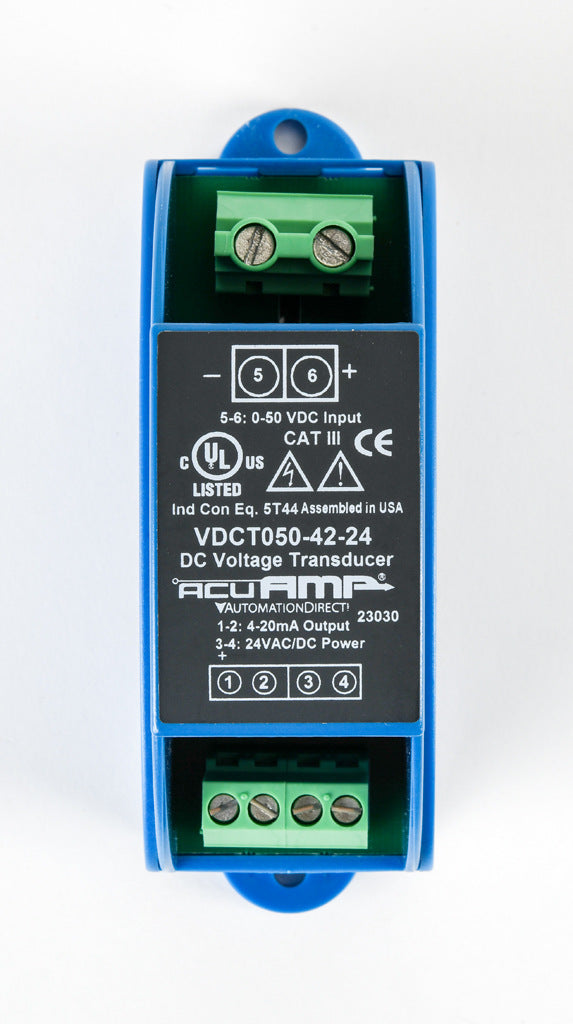 AcuAMP DC voltage transducer, 0-50 VDC sensing range, 4-20 mA output, 24 VAC/VDC operating voltage.-VDCT050-42-24