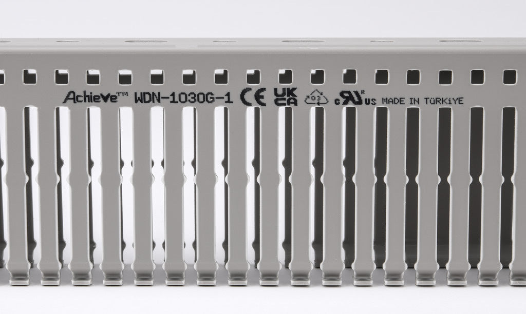 AchieVe WDN series open slot narrow finger wire duct, 1in width, 3in height, 6.5ft/2m length, gray. Cover included.-WDN-1030G-1
