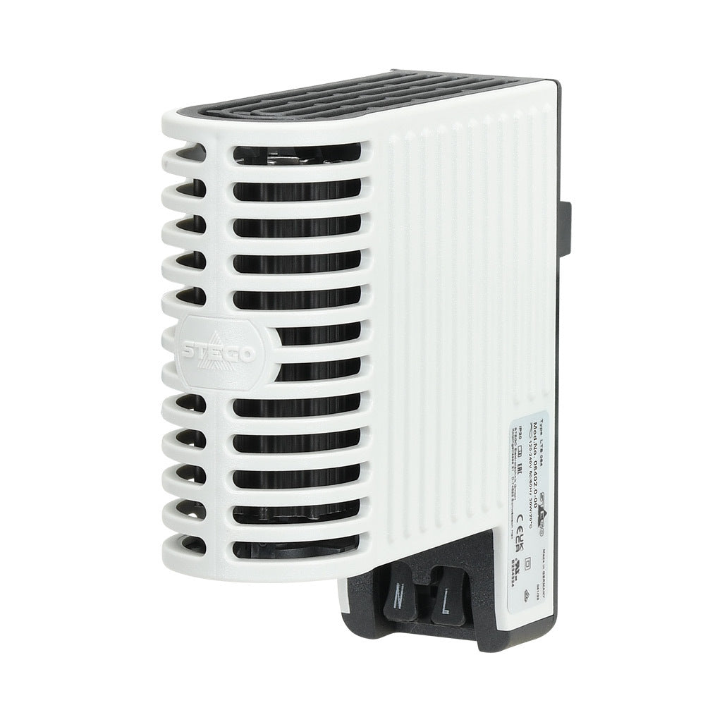 Stego enclosure heater, 30W heating capacity, touch-safe PTC resistor heating element, 120-240 VAC/VDC operating voltage, 50/60 Hz, 35mm DIN rail or panel mount.-06402.0-00