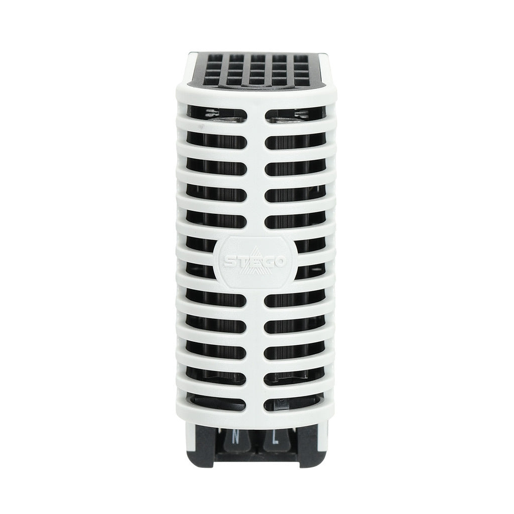 Stego enclosure heater, 30W heating capacity, touch-safe PTC resistor heating element, 120-240 VAC/VDC operating voltage, 50/60 Hz, 35mm DIN rail or panel mount.-06402.0-00