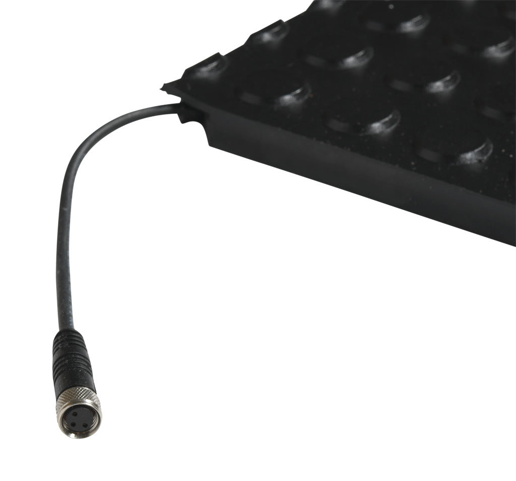 ASO Safety Solutions safety contact mat, 24 x 24in, straight edge, 24 VAC/VDC operating voltage, polyurethane contact surface, black, IP65, 4.7in/120mm cable length, (1) 3-pin male M8 connector and (1) 3-pin female M8 connector.-1602-4106