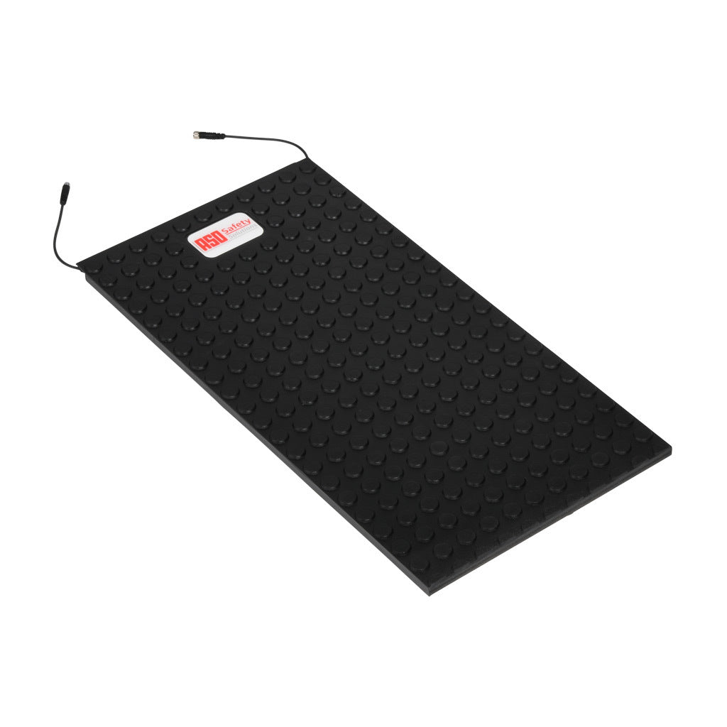 ASO Safety Solutions safety contact mat, 12 x 24in, straight edge, 24 VAC/VDC operating voltage, polyurethane contact surface, black, IP65, 4.7in/120mm cable length, (1) 3-pin male M8 connector and (1) 3-pin female M8 connector.-1602-4107