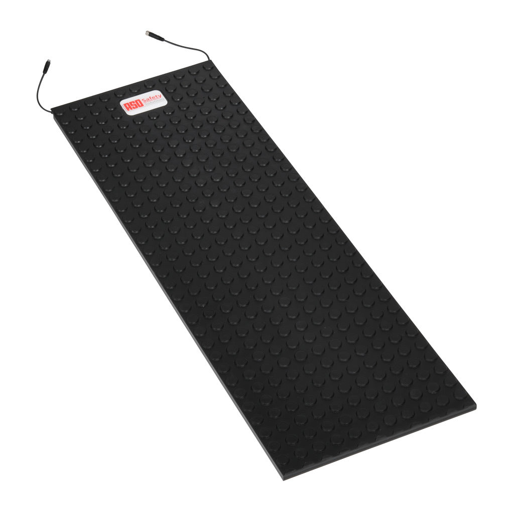 ASO Safety Solutions safety contact mat, 12 x 36in, straight edge, 24 VAC/VDC operating voltage, polyurethane contact surface, black, IP65, 4.7in/120mm cable length, (1) 3-pin male M8 connector and (1) 3-pin female M8 connector.-1602-4108