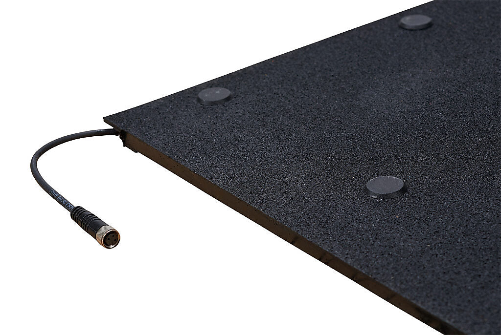 ASO Safety Solutions safety contact mat, 24 x 48in, straight edge, 24 VAC/VDC operating voltage, aluminum contact surface, IP65, 4.7in/120mm cable length, (1) 3-pin male M8 connector and (1) 3-pin female M8 connector.-1602-4550