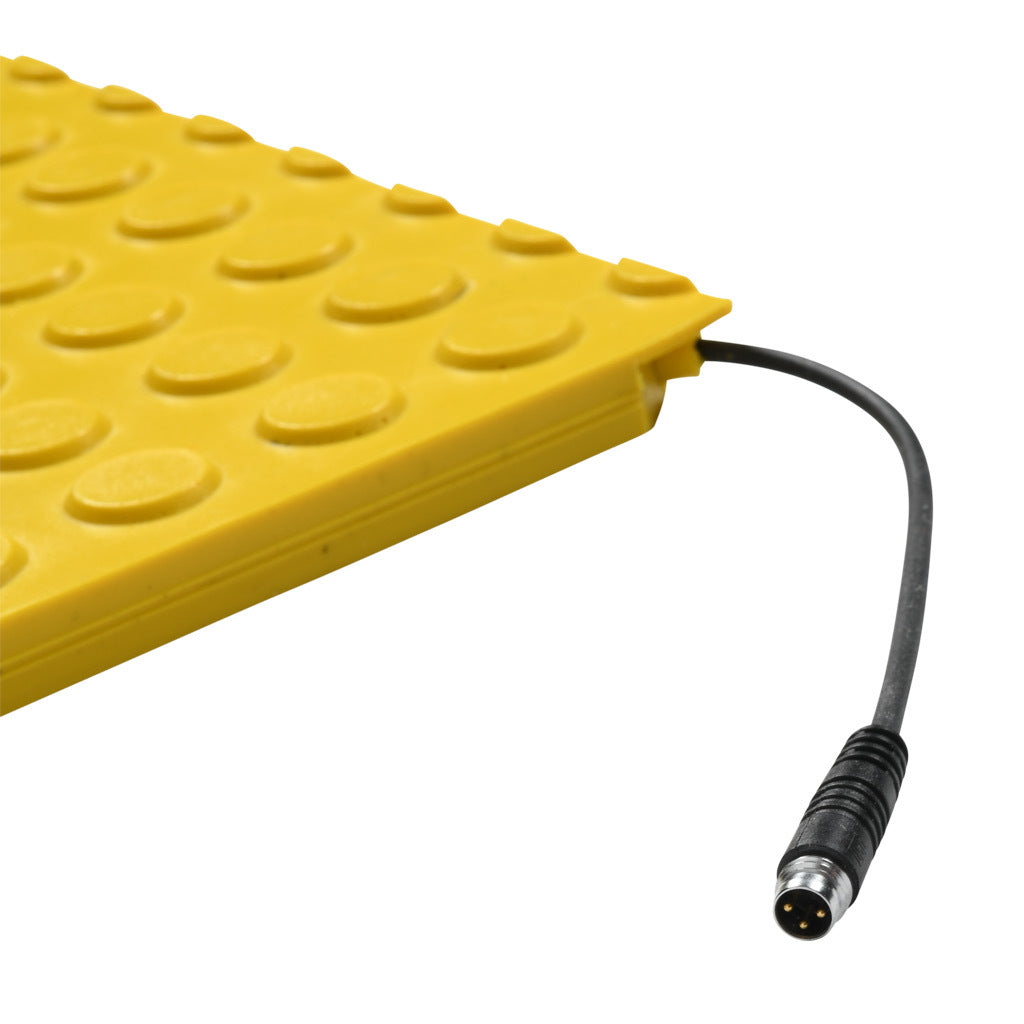 ASO Safety Solutions safety contact mat, 24 x 36in, straight edge, 24 VAC/VDC operating voltage, polyurethane contact surface, yellow, IP65, 4.7in/120mm cable length, (1) 3-pin male M8 connector and (1) 3-pin female M8 connector.-1602-5390