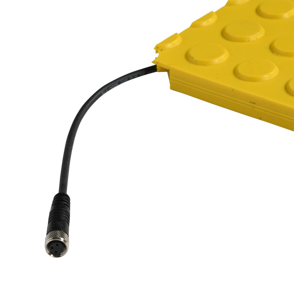 ASO Safety Solutions safety contact mat, 24 x 36in, straight edge, 24 VAC/VDC operating voltage, polyurethane contact surface, yellow, IP65, 4.7in/120mm cable length, (1) 3-pin male M8 connector and (1) 3-pin female M8 connector.-1602-5390