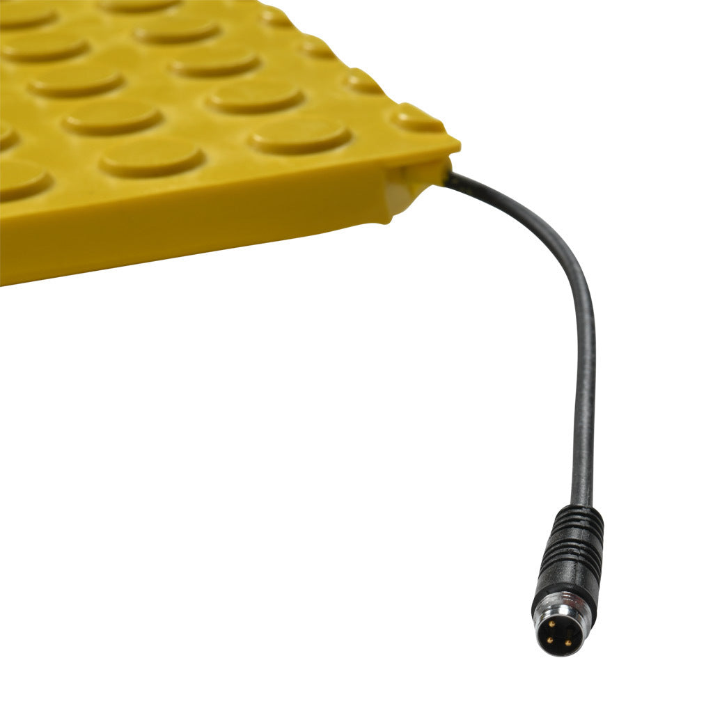 ASO Safety Solutions safety contact mat, 24 x 48in, straight edge, 24 VAC/VDC operating voltage, polyurethane contact surface, yellow, IP65, 4.7in/120mm cable length, (1) 3-pin male M8 connector and (1) 3-pin female M8 connector.-1602-5391