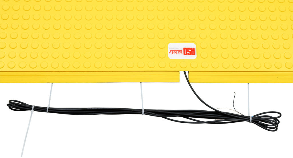 ASO Safety Solutions safety contact mat, 24 x 60in, integrated taper edge, 24 VAC/VDC operating voltage, polyurethane contact surface, yellow, IP65, 19.6ft/6m cable length, pigtail.-1602-6390