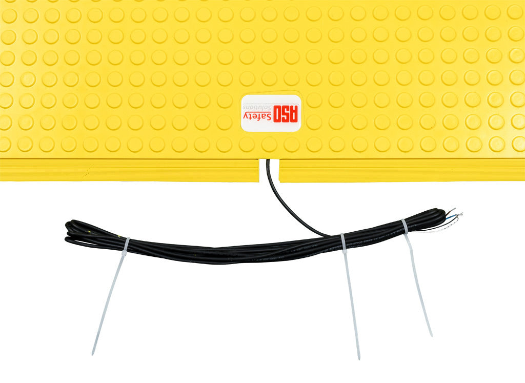 ASO Safety Solutions safety contact mat, 36 x 36in, integrated taper edge, 24 VAC/VDC operating voltage, polyurethane contact surface, yellow, IP65, 19.6ft/6m cable length, pigtail.-1602-6400