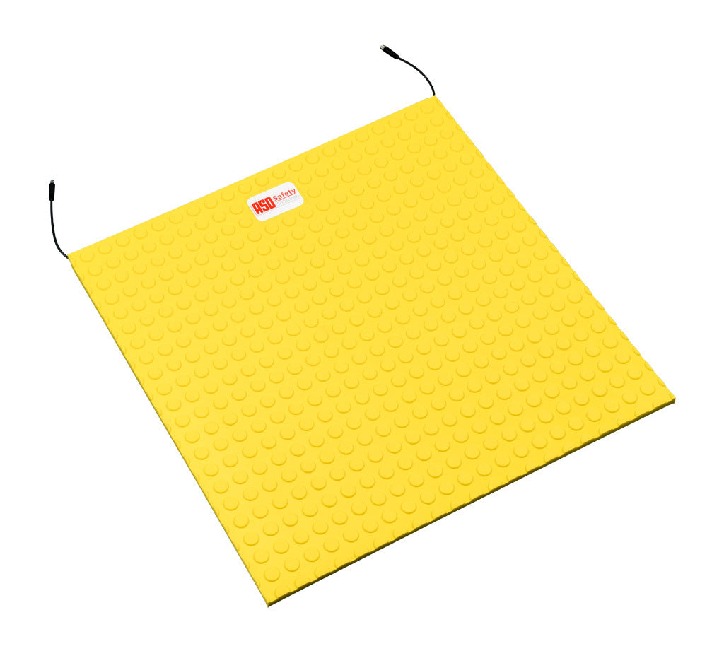 ASO Safety Solutions safety contact mat, 24 x 24in, straight edge, 24 VAC/VDC operating voltage, polyurethane contact surface, yellow, IP65, 4.7in/120mm cable length, (1) 3-pin male M8 connector and (1) 3-pin female M8 connector.-1602-6410