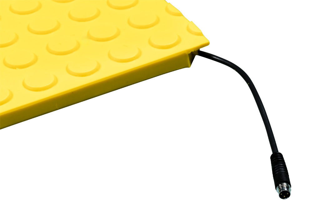 ASO Safety Solutions safety contact mat, 24 x 24in, straight edge, 24 VAC/VDC operating voltage, polyurethane contact surface, yellow, IP65, 4.7in/120mm cable length, (1) 3-pin male M8 connector and (1) 3-pin female M8 connector.-1602-6410