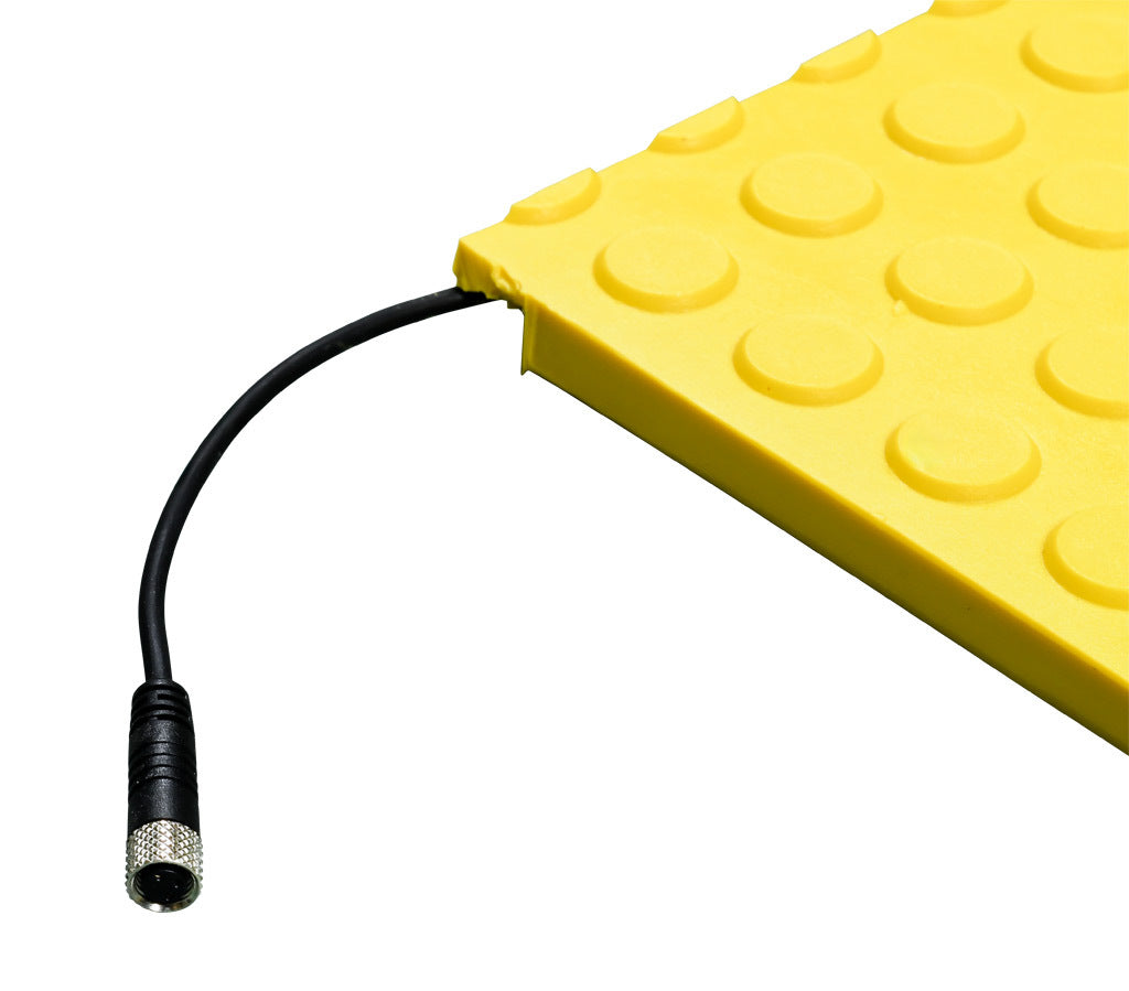 ASO Safety Solutions safety contact mat, 24 x 24in, straight edge, 24 VAC/VDC operating voltage, polyurethane contact surface, yellow, IP65, 4.7in/120mm cable length, (1) 3-pin male M8 connector and (1) 3-pin female M8 connector.-1602-6410