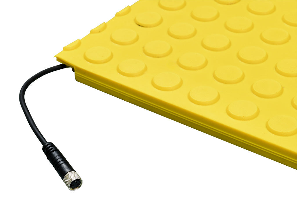 ASO Safety Solutions safety contact mat, 24 x 60in, straight edge, 24 VAC/VDC operating voltage, polyurethane contact surface, yellow, IP65, 4.7in/120mm cable length, (1) 3-pin male M8 connector and (1) 3-pin female M8 connector.-1602-6420