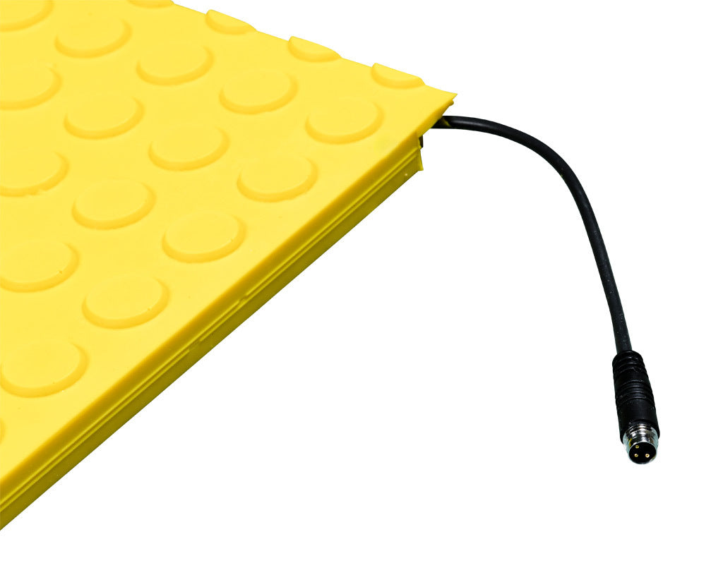 ASO Safety Solutions safety contact mat, 24 x 60in, straight edge, 24 VAC/VDC operating voltage, polyurethane contact surface, yellow, IP65, 4.7in/120mm cable length, (1) 3-pin male M8 connector and (1) 3-pin female M8 connector.-1602-6420
