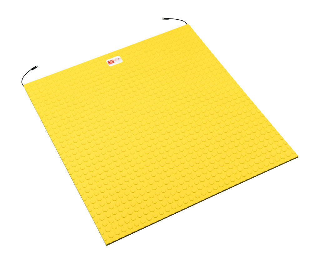 ASO Safety Solutions safety contact mat, 36 x 36in, straight edge, 24 VAC/VDC operating voltage, polyurethane contact surface, yellow, IP65, 4.7in/120mm cable length, (1) 3-pin male M8 connector and (1) 3-pin female M8 connector.-1602-6430