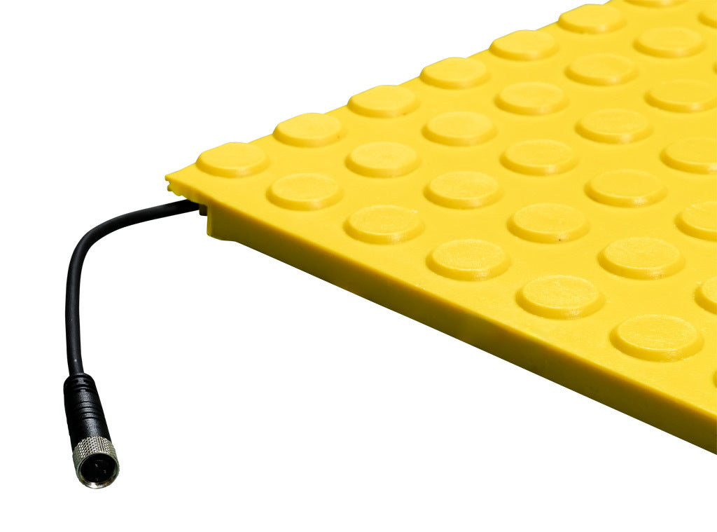 ASO Safety Solutions safety contact mat, 36 x 36in, straight edge, 24 VAC/VDC operating voltage, polyurethane contact surface, yellow, IP65, 4.7in/120mm cable length, (1) 3-pin male M8 connector and (1) 3-pin female M8 connector.-1602-6430