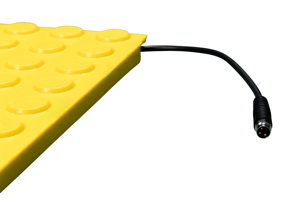 ASO Safety Solutions safety contact mat, 36 x 36in, straight edge, 24 VAC/VDC operating voltage, polyurethane contact surface, yellow, IP65, 4.7in/120mm cable length, (1) 3-pin male M8 connector and (1) 3-pin female M8 connector.-1602-6430