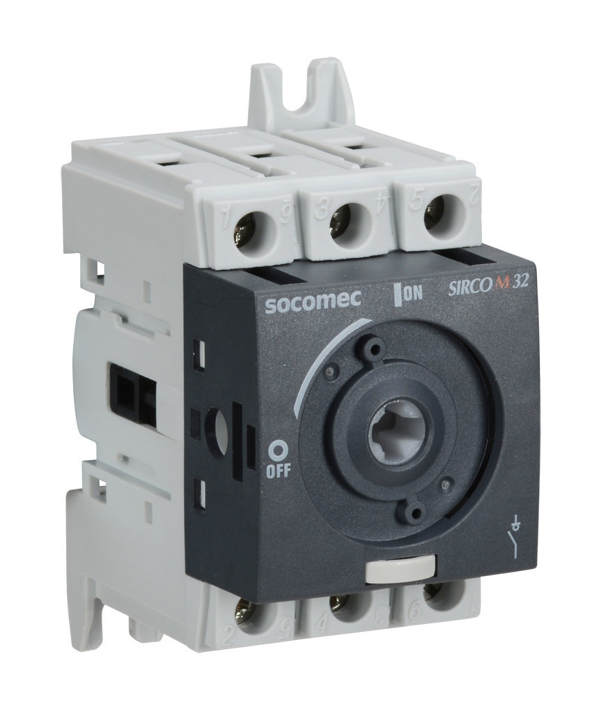 Socomec SIRCO M series rotary disconnect switch, load break capable, 3-pole, 600 VAC, 32A, 65kA SCCR, DIN rail or panel mount, UL 508 rated, front or side operated, accepts 5 x 5mm size shaft.-22003003