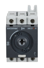 Socomec SIRCO M series rotary disconnect switch, load break capable, 3-pole, 600 VAC, 32A, 65kA SCCR, DIN rail or panel mount, UL 508 rated, front or side operated, accepts 5 x 5mm size shaft.-22003003