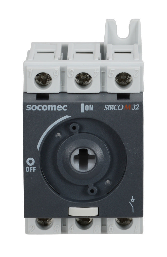 Socomec SIRCO M series rotary disconnect switch, load break capable, 3-pole, 600 VAC, 32A, 65kA SCCR, DIN rail or panel mount, UL 508 rated, front or side operated, accepts 5 x 5mm size shaft.-22003003
