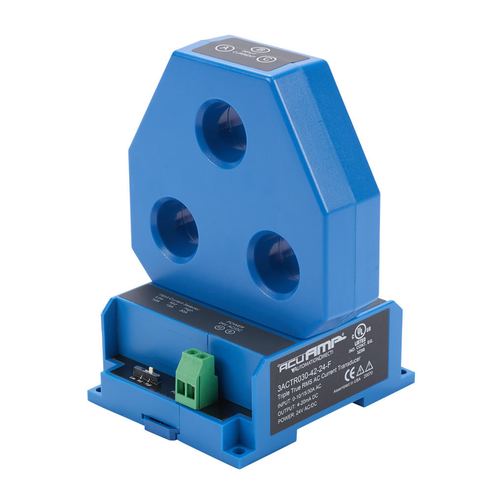 AcuAMP AC current transducer, 3-phase, fixed core, 0-10, 0-15, or 0-30A selectable sensing range, 4-20 mA output.-3ACT030-42-24-F