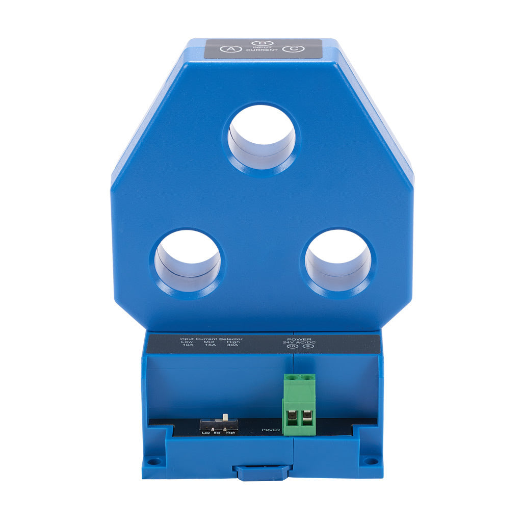 AcuAMP AC current transducer, 3-phase, fixed core, 0-10, 0-15, or 0-30A selectable sensing range, 4-20 mA output.-3ACT030-42-24-F