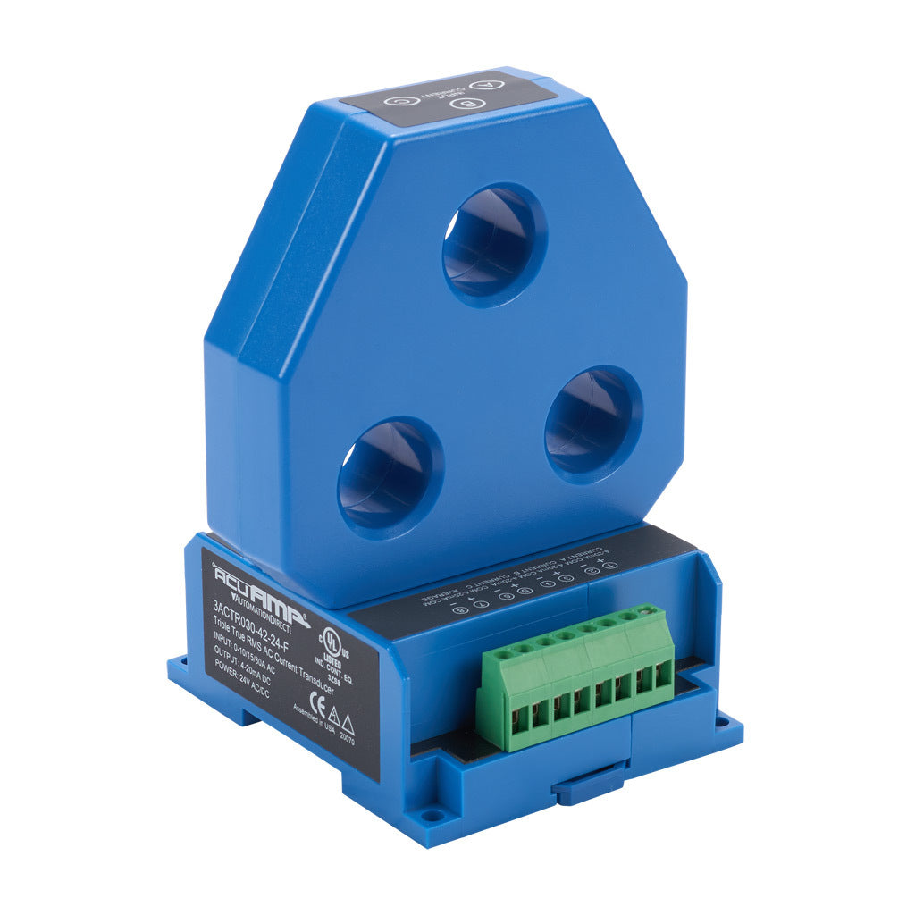 AcuAMP AC current transducer, 3-phase, fixed core, 0-10, 0-15, or 0-30A selectable sensing range, 4-20 mA output.-3ACT030-42-24-F