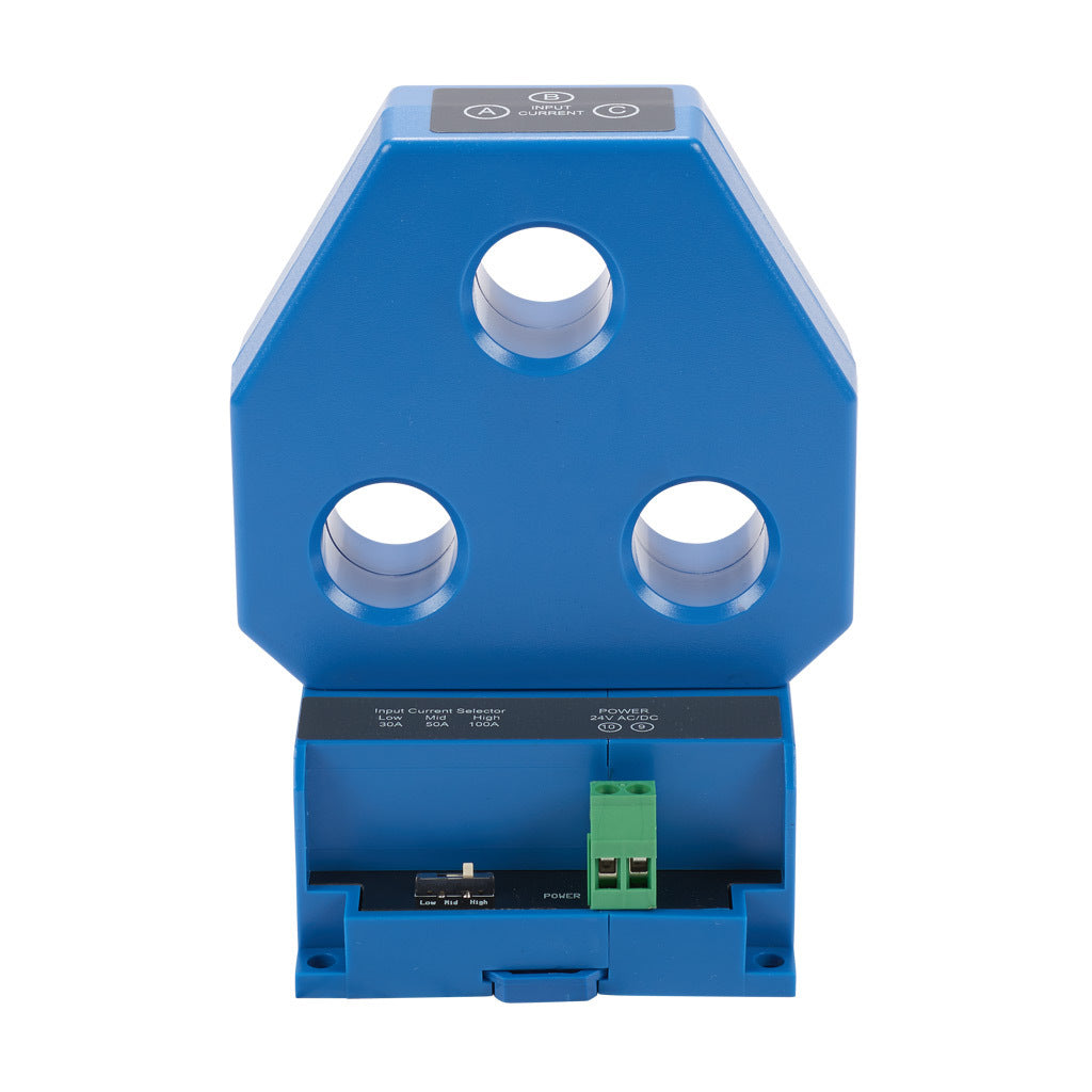 AcuAMP AC current transducer, 3-phase, fixed core, 0-30, 0-50, or 0-100A selectable sensing range, 4-20 mA output.-3ACT100-42-24-F