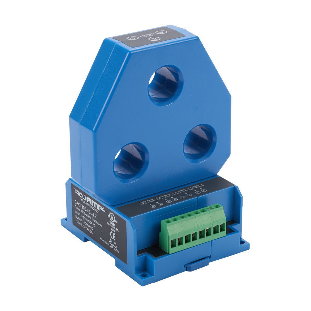 AcuAMP AC current transducer, 3-phase, fixed core, 0-30, 0-50, or 0-100A selectable sensing range, 4-20 mA output.-3ACT100-42-24-F