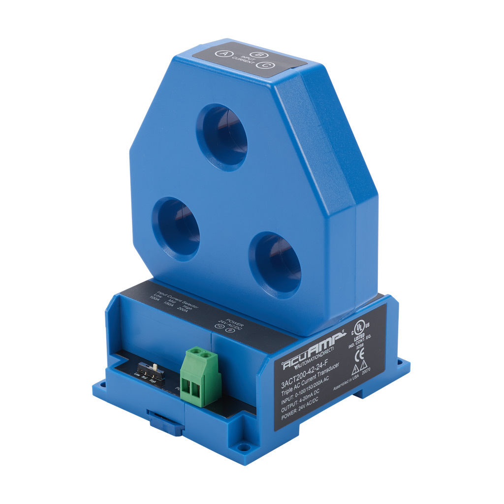 AcuAMP AC current transducer, 3-phase, fixed core, 0-100, 0-150, or 0-200A selectable sensing range, 4-20 mA output.-3ACT200-42-24-F