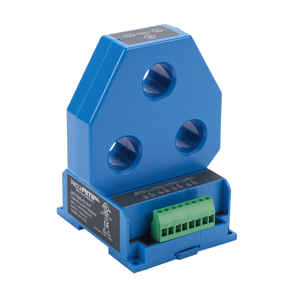 AcuAMP AC current transducer, 3-phase, fixed core, 0-100, 0-150, or 0-200A selectable sensing range, 4-20 mA output.-3ACT200-42-24-F
