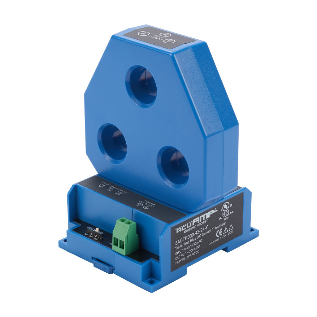 AcuAMP AC current transducer, 3-phase, fixed core, 0-10, 0-15, or 0-30A selectable sensing range, True RMS, 4-20 mA output.-3ACTR030-42-24-F