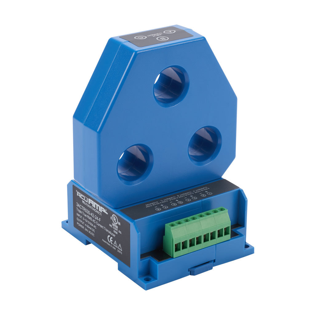 AcuAMP AC current transducer, 3-phase, fixed core, 0-10, 0-15, or 0-30A selectable sensing range, True RMS, 4-20 mA output.-3ACTR030-42-24-F