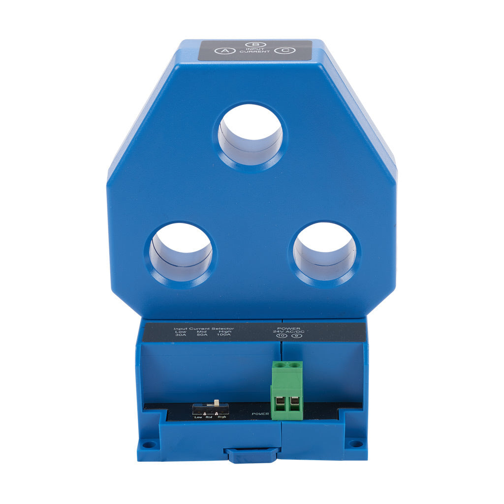 AcuAMP AC current transducer, 3-phase, fixed core, 0-30, 0-50, or 0-100A selectable sensing range, True RMS, 4-20 mA output.-3ACTR100-42-24-F