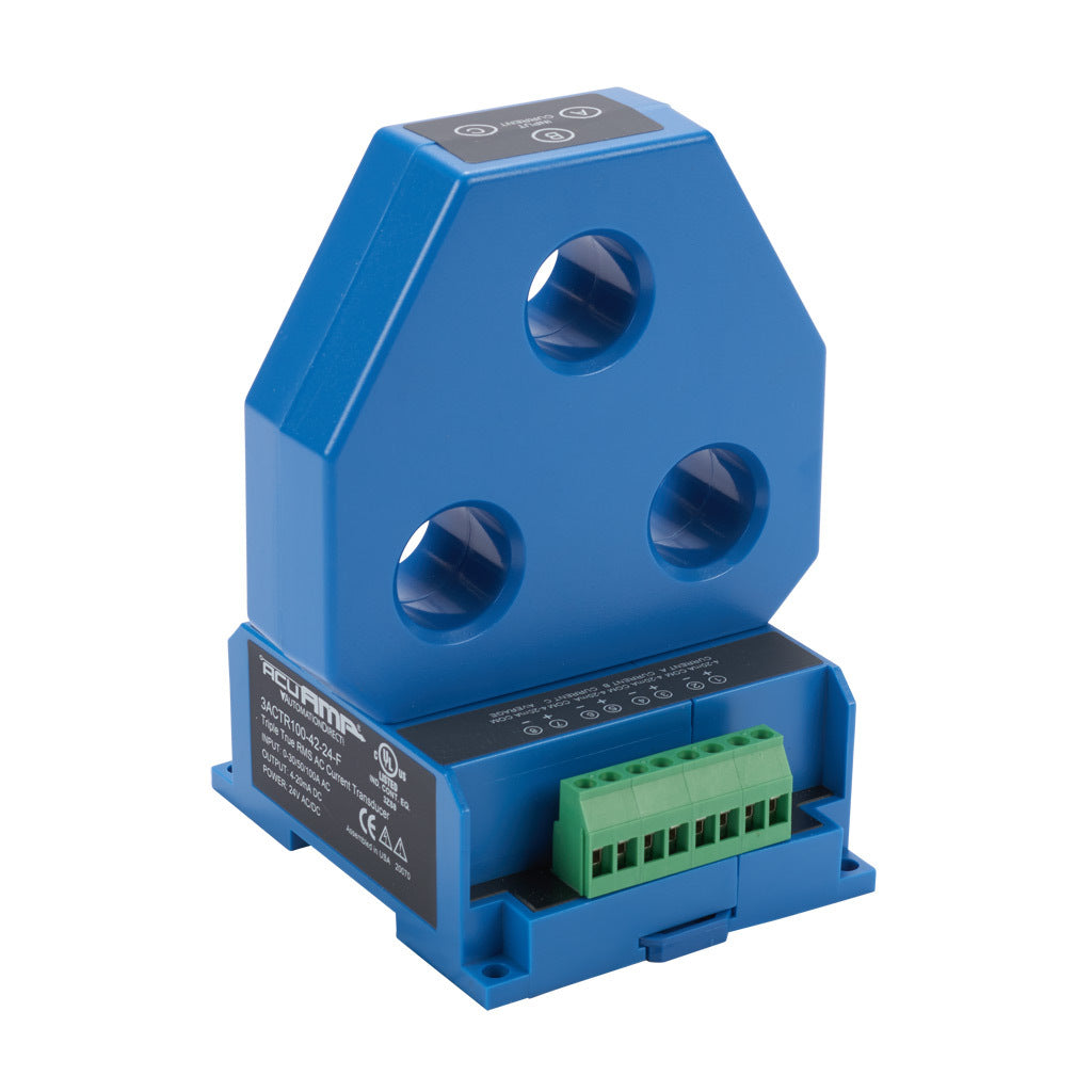AcuAMP AC current transducer, 3-phase, fixed core, 0-30, 0-50, or 0-100A selectable sensing range, True RMS, 4-20 mA output.-3ACTR100-42-24-F