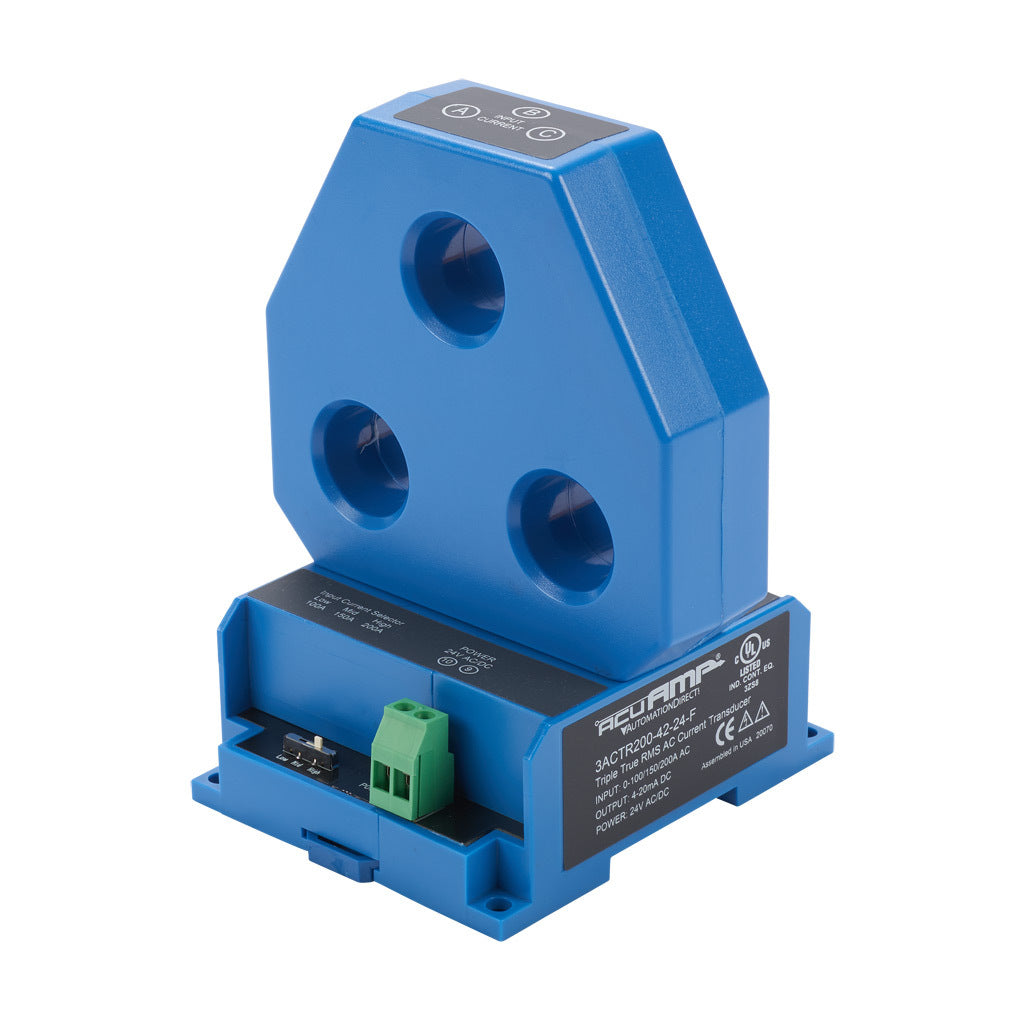 AcuAMP AC current transducer, 3-phase, fixed core, 0-100, 0-150, or 0-200A selectable sensing range, True RMS, 4-20 mA output.-3ACTR200-42-24-F