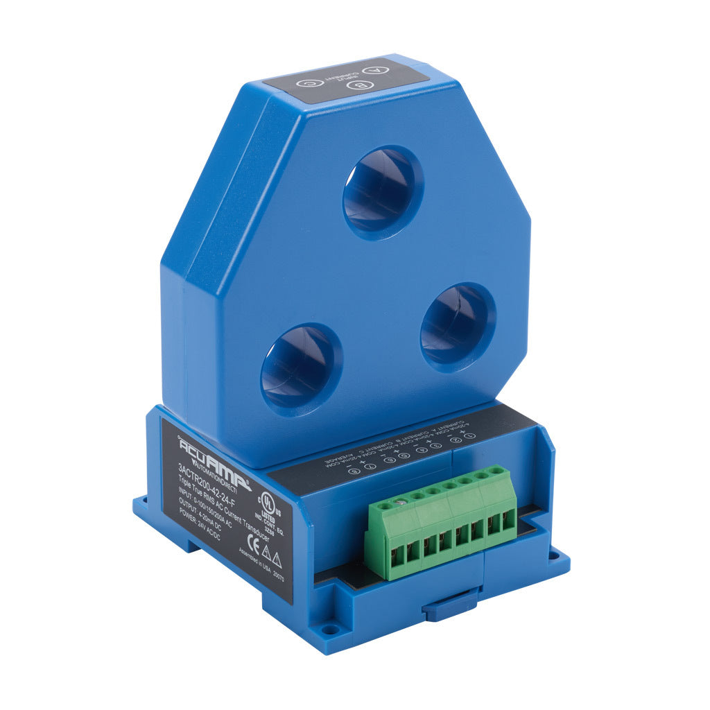 AcuAMP AC current transducer, 3-phase, fixed core, 0-100, 0-150, or 0-200A selectable sensing range, True RMS, 4-20 mA output.-3ACTR200-42-24-F