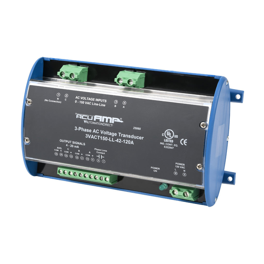 AcuAMP AC voltage transducer, 3-phase, 0-150 VAC line-to-line sensing range, True RMS, (4) 4-20 mA and (1) relay, SPST-N.O. output, 0.5A @ 125 VAC, 1A @ 30 VDC output rating, phase loss @ 90 VAC non-adjustable trip point, 120 VAC operating voltage.-3VACT150-LL-42-120A