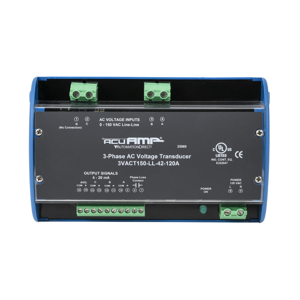 AcuAMP AC voltage transducer, 3-phase, 0-150 VAC line-to-line sensing range, True RMS, (4) 4-20 mA and (1) relay, SPST-N.O. output, 0.5A @ 125 VAC, 1A @ 30 VDC output rating, phase loss @ 90 VAC non-adjustable trip point, 120 VAC operating voltage.-3VACT150-LL-42-120A