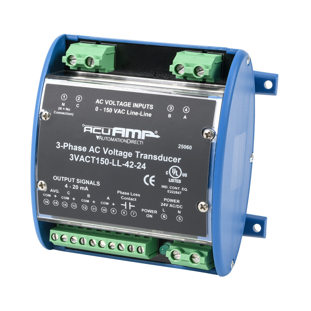 AcuAMP AC voltage transducer, 3-phase, 0-150 VAC line-to-line sensing range, True RMS, (4) 4-20 mA and (1) relay, SPST-N.O. output, 0.5A @ 125 VAC, 1A @ 30 VDC output rating, phase loss @ 90 VAC non-adjustable trip point, 24 VAC/VDC operating voltage.-3VACT150-LL-42-24