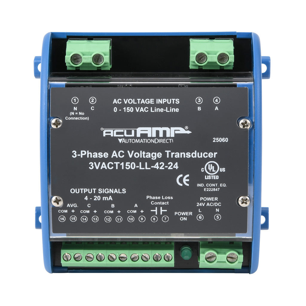 AcuAMP AC voltage transducer, 3-phase, 0-150 VAC line-to-line sensing range, True RMS, (4) 4-20 mA and (1) relay, SPST-N.O. output, 0.5A @ 125 VAC, 1A @ 30 VDC output rating, phase loss @ 90 VAC non-adjustable trip point, 24 VAC/VDC operating voltage.-3VACT150-LL-42-24