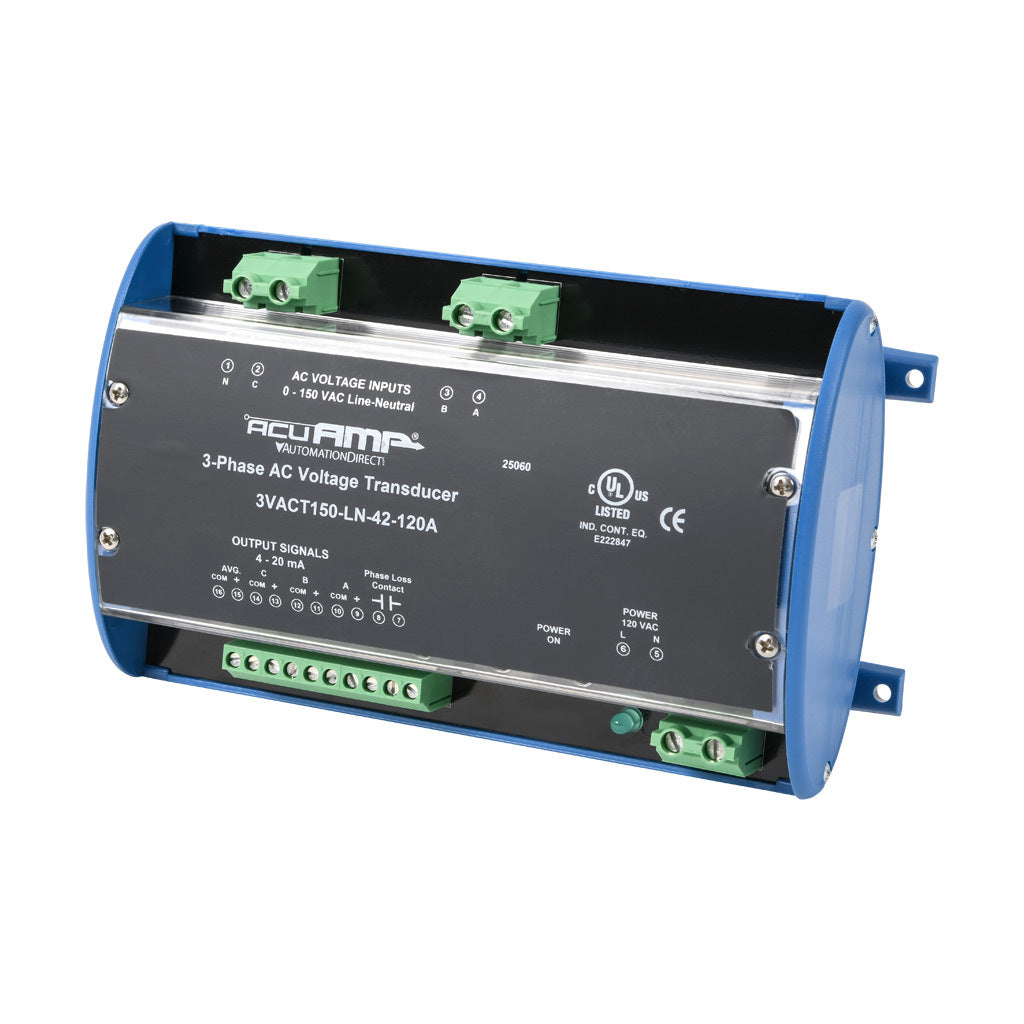AcuAMP AC voltage transducer, 3-phase, 0-150 VAC line-to-neutral sensing range, True RMS, (4) 4-20 mA and (1) relay, SPST-N.O. output, 0.5A @ 125 VAC, 1A @ 30 VDC output rating, phase loss @ 90 VAC non-adjustable trip point, 120 VAC operating voltage.-3VACT150-LN-42-120A