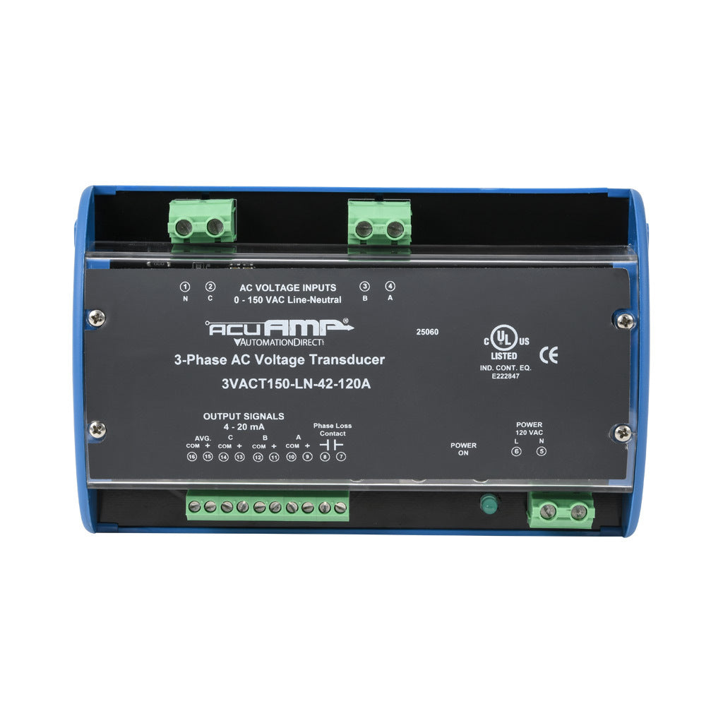 AcuAMP AC voltage transducer, 3-phase, 0-150 VAC line-to-neutral sensing range, True RMS, (4) 4-20 mA and (1) relay, SPST-N.O. output, 0.5A @ 125 VAC, 1A @ 30 VDC output rating, phase loss @ 90 VAC non-adjustable trip point, 120 VAC operating voltage.-3VACT150-LN-42-120A