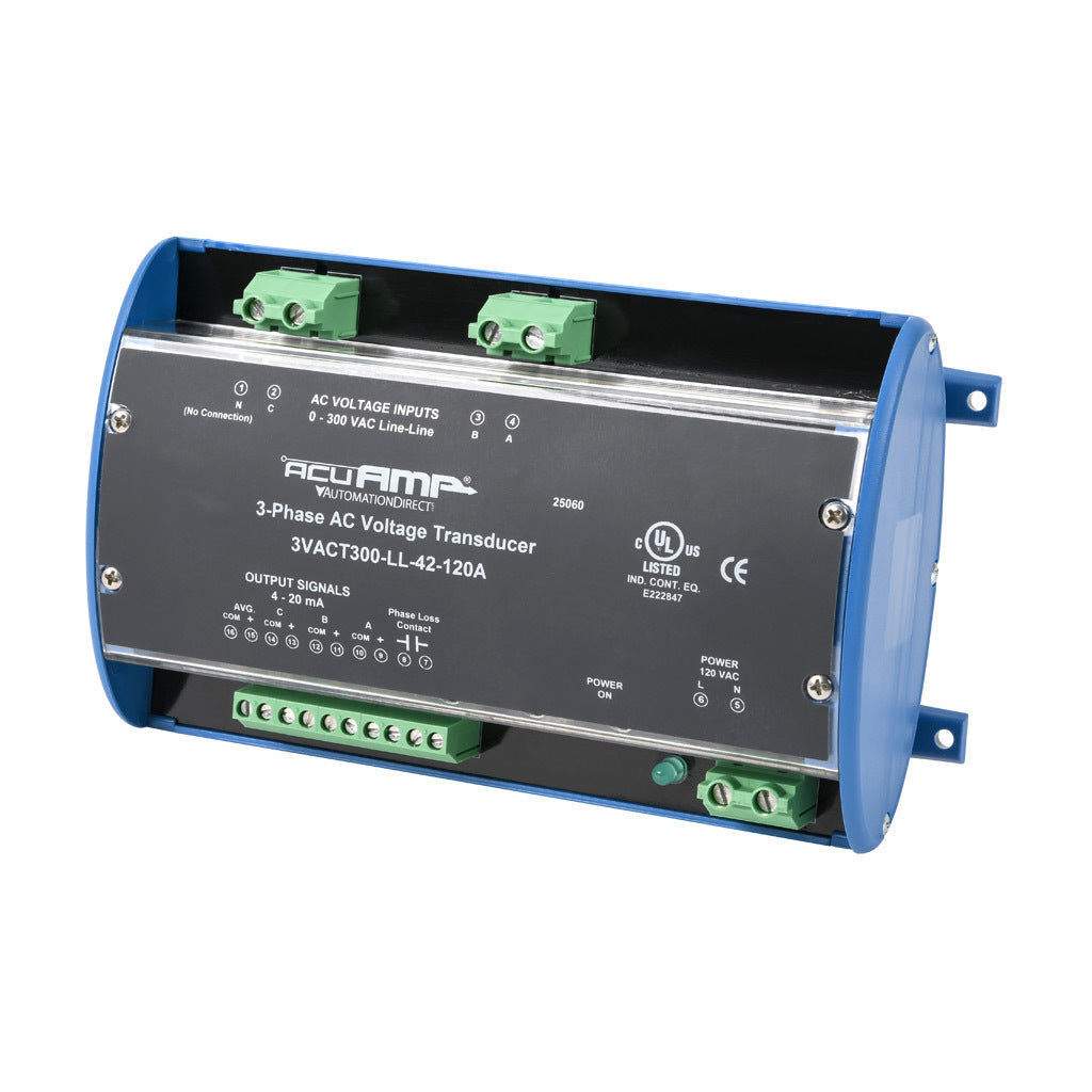 AcuAMP AC voltage transducer, 3-phase, 0-300 VAC line-to-line sensing range, True RMS, (4) 4-20 mA and (1) relay, SPST-N.O. output, 0.5A @ 125 VAC, 1A @ 30 VDC output rating, phase loss @ 180 VAC non-adjustable trip point, 120 VAC operating voltage.-3VACT300-LL-42-120A
