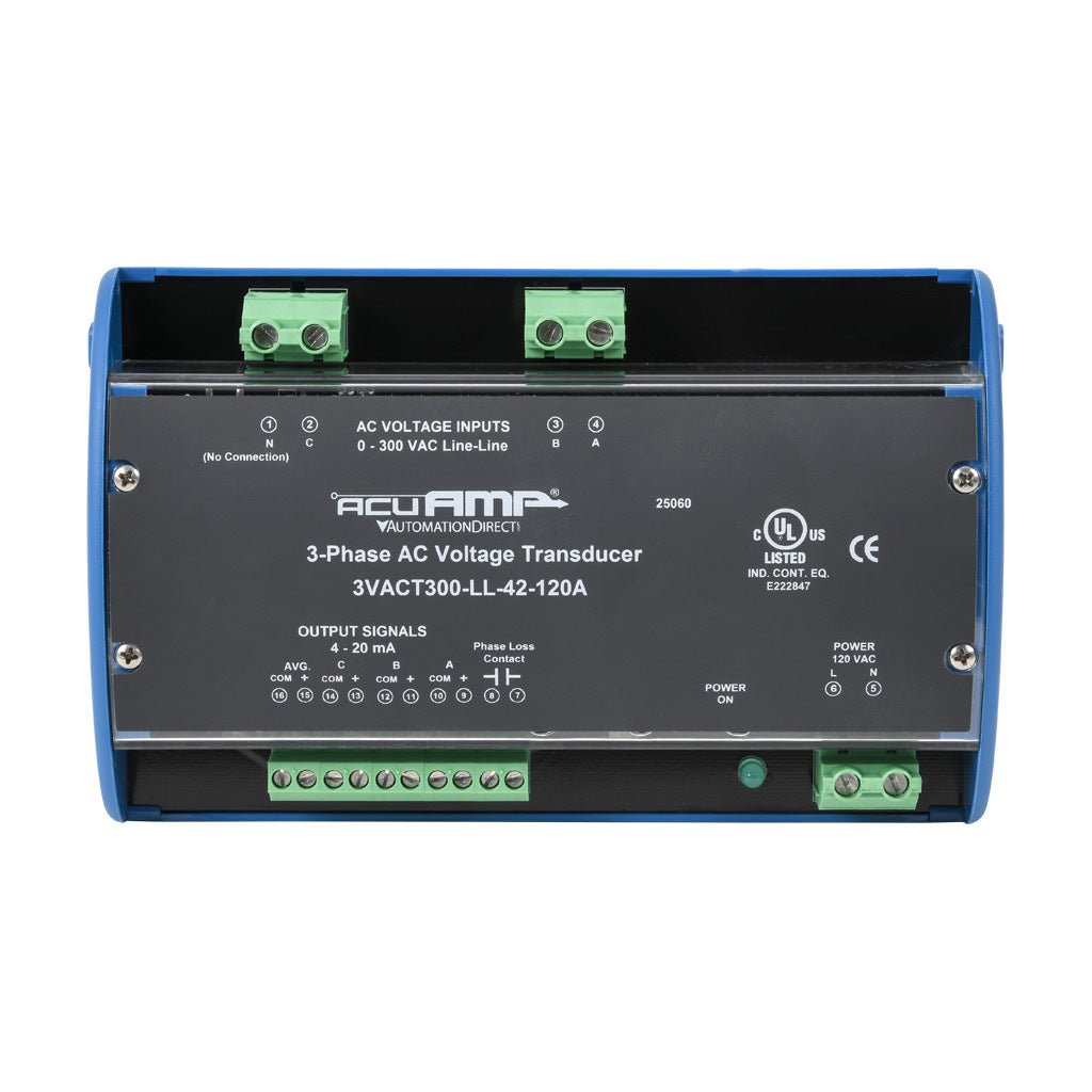 AcuAMP AC voltage transducer, 3-phase, 0-300 VAC line-to-line sensing range, True RMS, (4) 4-20 mA and (1) relay, SPST-N.O. output, 0.5A @ 125 VAC, 1A @ 30 VDC output rating, phase loss @ 180 VAC non-adjustable trip point, 120 VAC operating voltage.-3VACT300-LL-42-120A