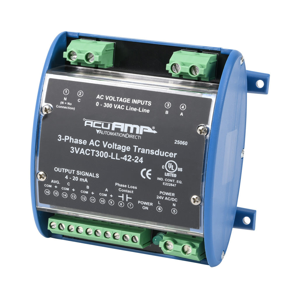 AcuAMP AC voltage transducer, 3-phase, 0-300 VAC line-to-line sensing range, True RMS, (4) 4-20 mA and (1) relay, SPST-N.O. output, 0.5A @ 125 VAC, 1A @ 30 VDC output rating, phase loss @ 180 VAC non-adjustable trip point, 24 VAC/VDC operating voltage.-3VACT300-LL-42-24