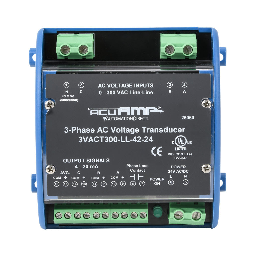 AcuAMP AC voltage transducer, 3-phase, 0-300 VAC line-to-line sensing range, True RMS, (4) 4-20 mA and (1) relay, SPST-N.O. output, 0.5A @ 125 VAC, 1A @ 30 VDC output rating, phase loss @ 180 VAC non-adjustable trip point, 24 VAC/VDC operating voltage.-3VACT300-LL-42-24